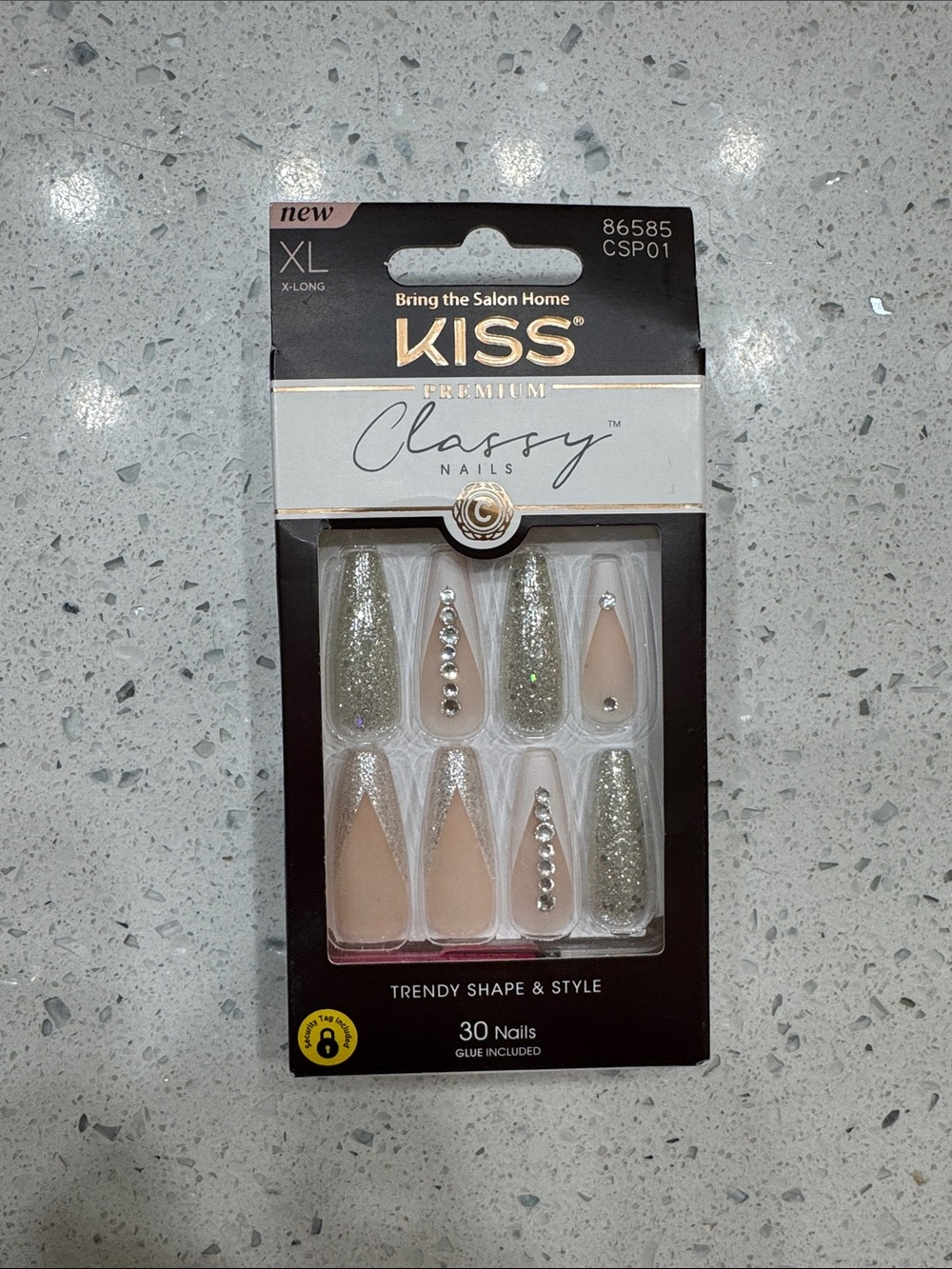 KISS Classy Press-On Nails - Nude & Silver Glitter with Rhinestones